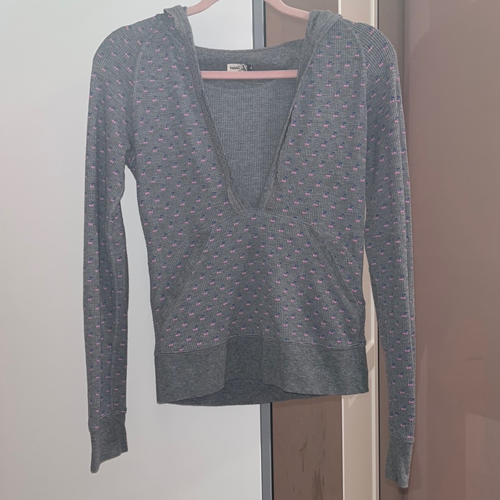 Aritzia Tulula Deep-Necked Hoodie Grey w/ Cherries